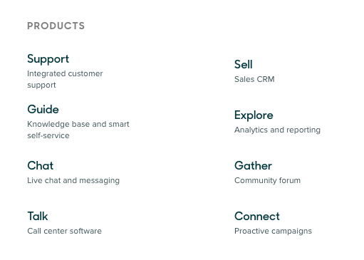 Screenshot of Zendesk’s products, demonstrating their product naming convention
